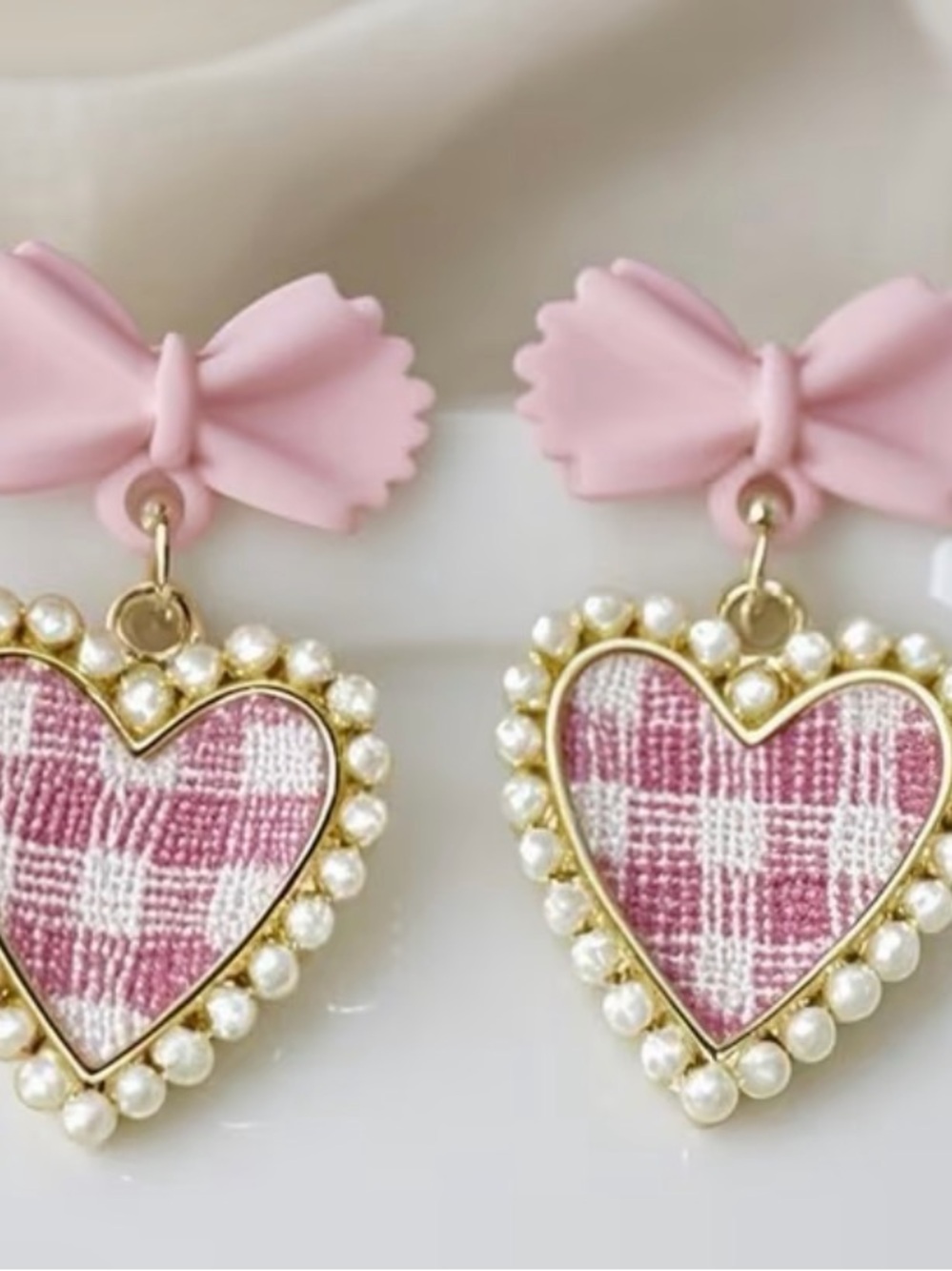 Pink Heart Pearl Bow Earrings - Cute Pink Plaid Dangle